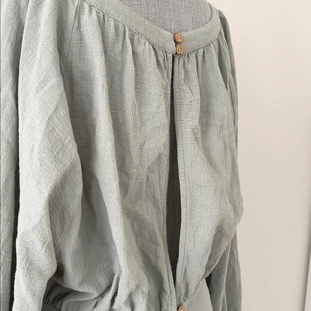 Free People Sage Green Open Back Long Sleeve Mini Dress Tie Belt Buttons closer - Picture 9 of 16